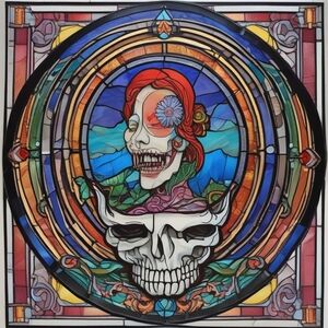Vibrant Stained Glass Print with Skull and Floral Design